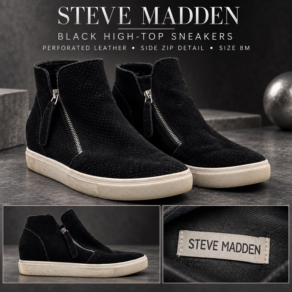 Steve Madden Caliber Black Perforated Suede Dual Zip Hidden Wedge Sneakers 8M